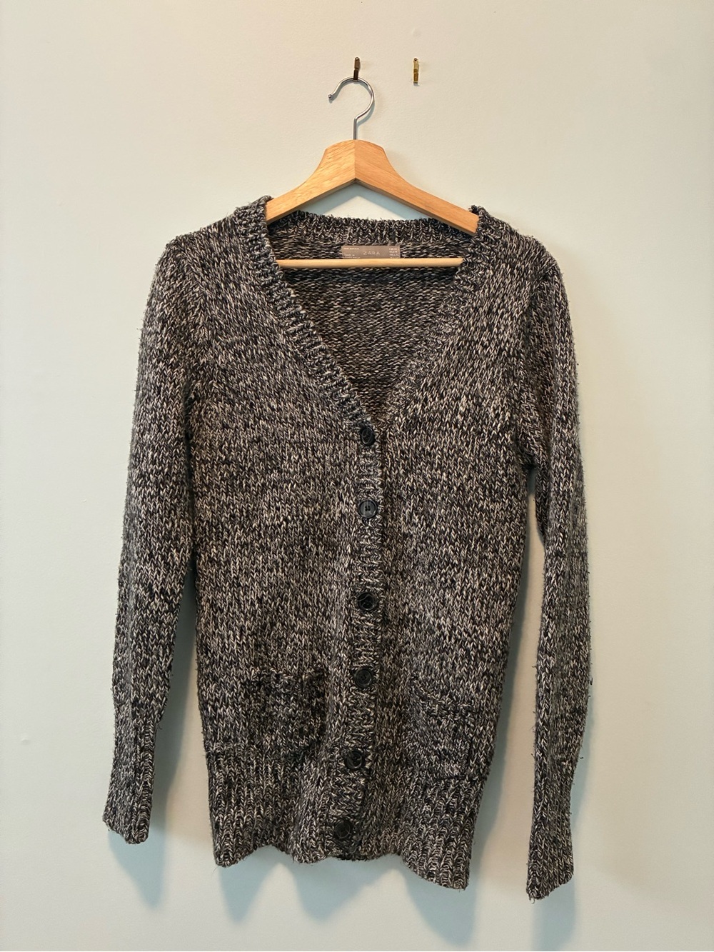 Zara Black & White Marled V-Neck Button Cardigan